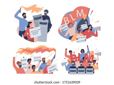 Black lives matter concept set. Protester call for justice for black people. Police brutality riot. USA demonstration. Isolated vector illustration