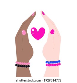 Black lives matter concept with black and white female hands with heart vector illustration 