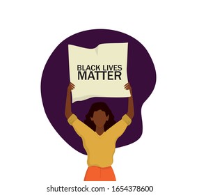 Black Lives Matter concept. Young afro american activist holding a protesting banner against racism. Idea of demonstration for racial equality. Isolated flat vector illustration