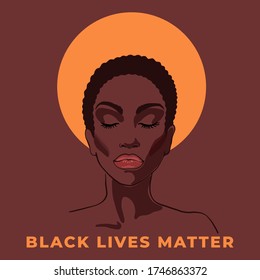 Black Lives Matter concept. Young African American woman against racism, holy sign. Fighting for equality. Sketching illustration, realistic portrait.