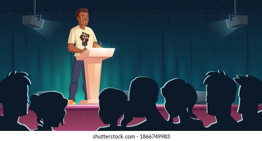 Black lives matter conference. African american man speaking on tribune against racial discrimination. Dark skin character with fist print on chest support human rights, cartoon vector illustration