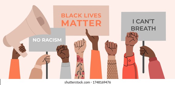 Black lives matter, crowd of people protesting for their rights. Holding posters in hands, no racism banner. Vector illustration in flat cartoon style on isolated background. 