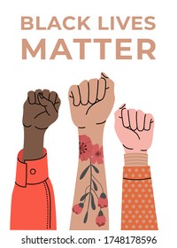 Black lives matter, crowd of people protesting for their rights. No racism banner. Vector illustration in flat cartoon style on isolated background. 