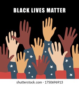 Black lives matter, crowd of people protesting for their rights. Holding posters in hands, no racism banner. Vector illustration in flat cartoon style on isolated 