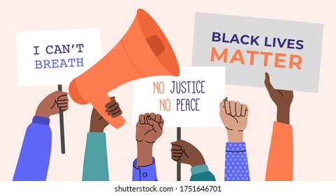 Black lives matter, crowd of people protesting for their rights. Holding posters in hands, megaphones, no racism banner. Vector illustration in flat cartoon style on isolated background. 