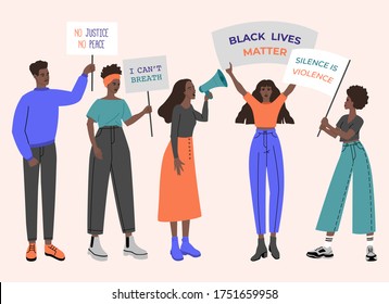 Black lives matter, crowd of people holding posters, megaphones, banner. Vector illustration in flat cartoon style on isolated background. 