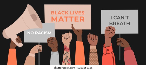 Black lives matter, crowd of people protesting for rights. No racism banner. Vector illustration in flat cartoon style on isolated background. 