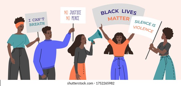 Black lives matter, crowd of people holding posters, megaphones, banner. Vector illustration in flat cartoon style on isolated background.