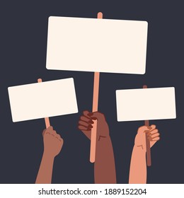 Black lives matter, crowd of people protesting for their rights. Holding posters, placard in hands, no racism banner. Vector illustration in flat cartoon style