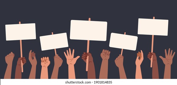 Black lives matter, crowd of people protesting for their rights. Holding posters, placard in hands, no racism banner. Vector illustration in flat cartoon style