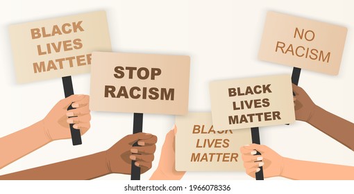 Black lives matter, crowd of people protesting for their rights. Holding posters in hands, no racism banner. Hand holding protest poster. Freedom, protest.Concept revolution and demonstration. 