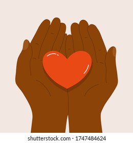 Black lives matter. Dark skinned male or female holding heart shape in palm. Justice for black people. Hands of African American man or woman. End racism, equality poster. Concept vector illustration