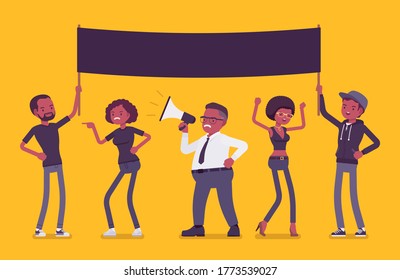 Black Lives Matter demonstration with banner. Activists of political, social movement, african americans strike for human rights and racial equality. Vector flat style cartoon illustration