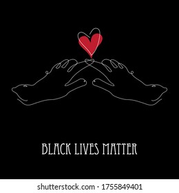 Las vidas negras importan el elemento de diseño. Cartel de protesta sobre los derechos humanos. Dos manos sujetando el símbolo. Se puede usar para tarjetas, invitaciones, banners, afiches, diseño de impresión. Estilo de arte de línea continuo