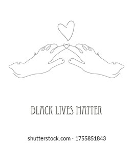 Black lives matter design element. Protest banner about human rights. Two hands holding symbol. Can be used for cards, invitations, banners, posters, print design. Continuous line art style