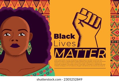 black lives matter design. black woman illustration on background with african pattern