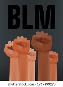 Black lives matter. Different race men fists up in the air and letters BLM