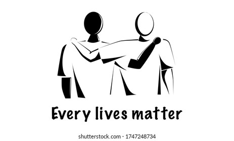 Black lives matter or Every lives matter concept : Fight against racism. Silhouette of a black and a white man hug each other.