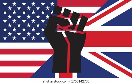 Black Lives Matter fist on UK and USA flags background
