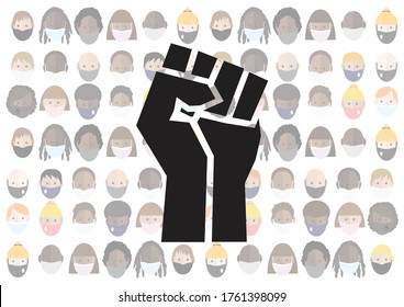 Black lives matter fist on a background of people wearing face masks during the Coronavirus pandemic