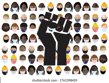 Black lives matter fist on a background of people wearing face masks