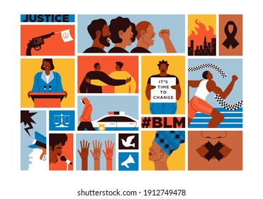 Black lives matter flat cartoon mosaic illustration of african american people, social isssues event. Diverse men and women characters fighting for justice and police discrimination. 