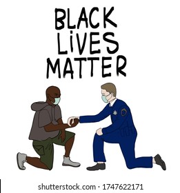 Black Lives Matter. George Floyd. Policeman kneeled, two hands holding. Protest Banner about Human Right of Black People in U.S. America. Vector Illustration. Icon Poster for printed matter.