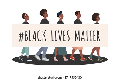 Black Lives Matter. Group of African American men and woman in black shirts go one by one. Tolerance and no racism concept. Protest Banner about Human Right of Black People. Flat vector illustration.
