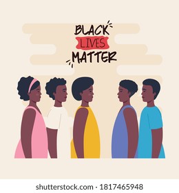 black lives matter, group african of profile, stop racism vector illustration design