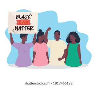 black lives matter, group people african protesting with label, stop racism vector illustration design