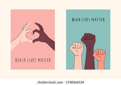 Black lives matter hand drawn poster, card collection. Hashtag blm stylised set. Black and white hands together concept. Campaign against racial discrimination of dark skin color. Vector Illustration.