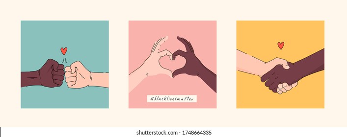 Black lives matter hand drawn poster, card collection. Hashtag blm stylised set. Black and white hands together concept. Campaign against racial discrimination of dark skin color. Vector Illustration.