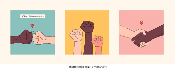 Black lives matter hand drawn poster, card collection. Hashtag blm stylised set. Black and white hands together concept. Campaign against racial discrimination of dark skin color. Vector Illustration.