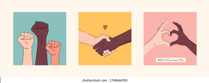 Black lives matter hand drawn poster, card collection. Hashtag blm stylised set. Black and white hands together concept. Campaign against racial discrimination of dark skin color. Vector Illustration.