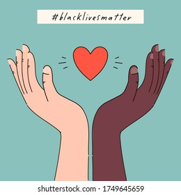 Black lives matter hand drawn collection. Hashtag blm stylized set. Black and white hands together equalty concept. Campaign against racial discrimination of dark skin color. Vector Illustration.