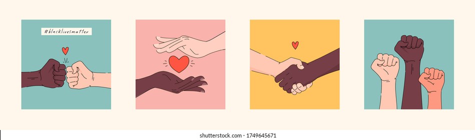 Black lives matter hand drawn collection. Hashtag blm stylized set. Black and white hands together equalty concept. Campaign against racial discrimination of dark skin color. Vector Illustration.