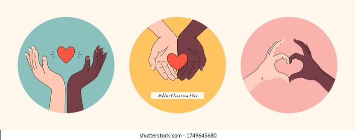 Black lives matter hand drawn collection. Hashtag blm stylized set. Black and white hands together equalty concept. Campaign against racial discrimination of dark skin color. Vector Illustration.