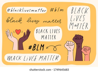 Black lives matter hand drawn collection. Hashtag blm stylized set. Black and white hands together equalty concept. Campaign against racial discrimination of dark skin color. Vector Illustration.