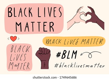 Black lives matter hand drawn collection. Hashtag blm stylized set. Black and white hands together equalty concept. Campaign against racial discrimination of dark skin color. Vector Illustration.