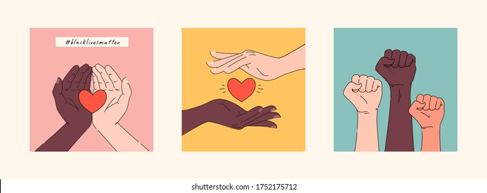 Black lives matter hand drawn collection. Hashtag blm stylized set. Black and white hands together equalty concept. Campaign against racial discrimination of dark skin color. Vector Illustration.