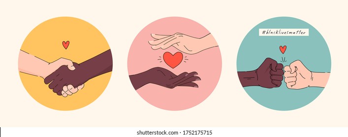 Black lives matter hand drawn collection. Hashtag blm stylized set. Black and white hands together equalty concept. Campaign against racial discrimination of dark skin color. Vector Illustration.