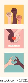 Black lives matter hand drawn collection. Hashtag blm stylized set. Black and white hands together equalty concept. Campaign against racial discrimination of dark skin color. Vector Illustration.