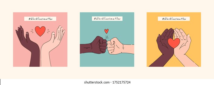 Black lives matter hand drawn collection. Hashtag blm stylized set. Black and white hands together equalty concept. Campaign against racial discrimination of dark skin color. Vector Illustration.