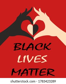 Black lives matter hand drawn poster, T-shirt design. Black and white hands love make together concept