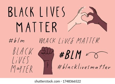 Black lives matter hand written lettering collection. Hashtag blm stylised text set. Black and white hands together. Campaign against racial discrimination of dark skin color. Vector Illustration.