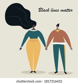 Black lives matter. Happy African American guy and girl hold hands. Protesting for human rights. Graphic design typography element. Flat vector illustration.