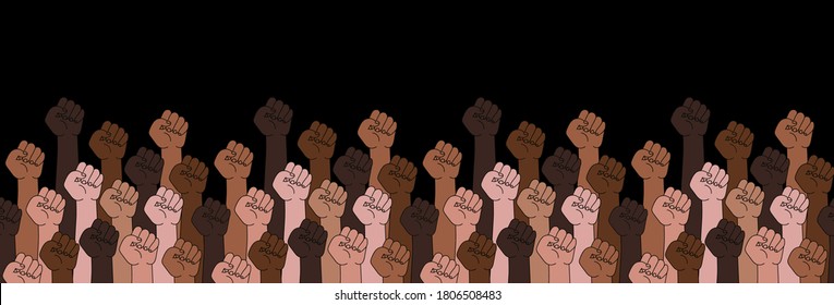 Black lives matter horizontal banner with protest fist in the air. BIPOC. Stop racism.Black lives matter graphic poster design template against racial discrimination dark background