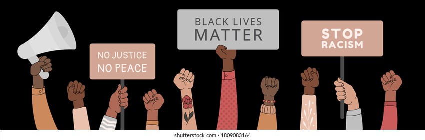 Black lives matter horizontal banner with protest fist in the air. .Stop racism. Black lives matter graphic poster design template against racial discrimination dark background