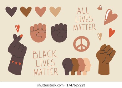 Black Lives Matter. Human hand. Fist raised up. Protest Banner, set about Human Right. Flat cartoon vector illustration, hand drawn style.