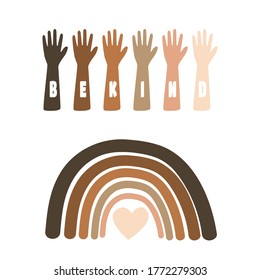 Black Lives Matter Illustration with raising hands and rainbow equality symbol.